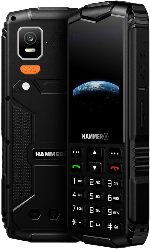 Hammer H Horizon LTE Rugged Phone without Contract, 3000mAh Battery, 64 GB, 2.8 Inch IPS Display, Large Keys, SOS Button, Torch, 2 MP Camera, FM Radio, USB-C, Dual SIM, IP68/MIL-STD-810H, Black