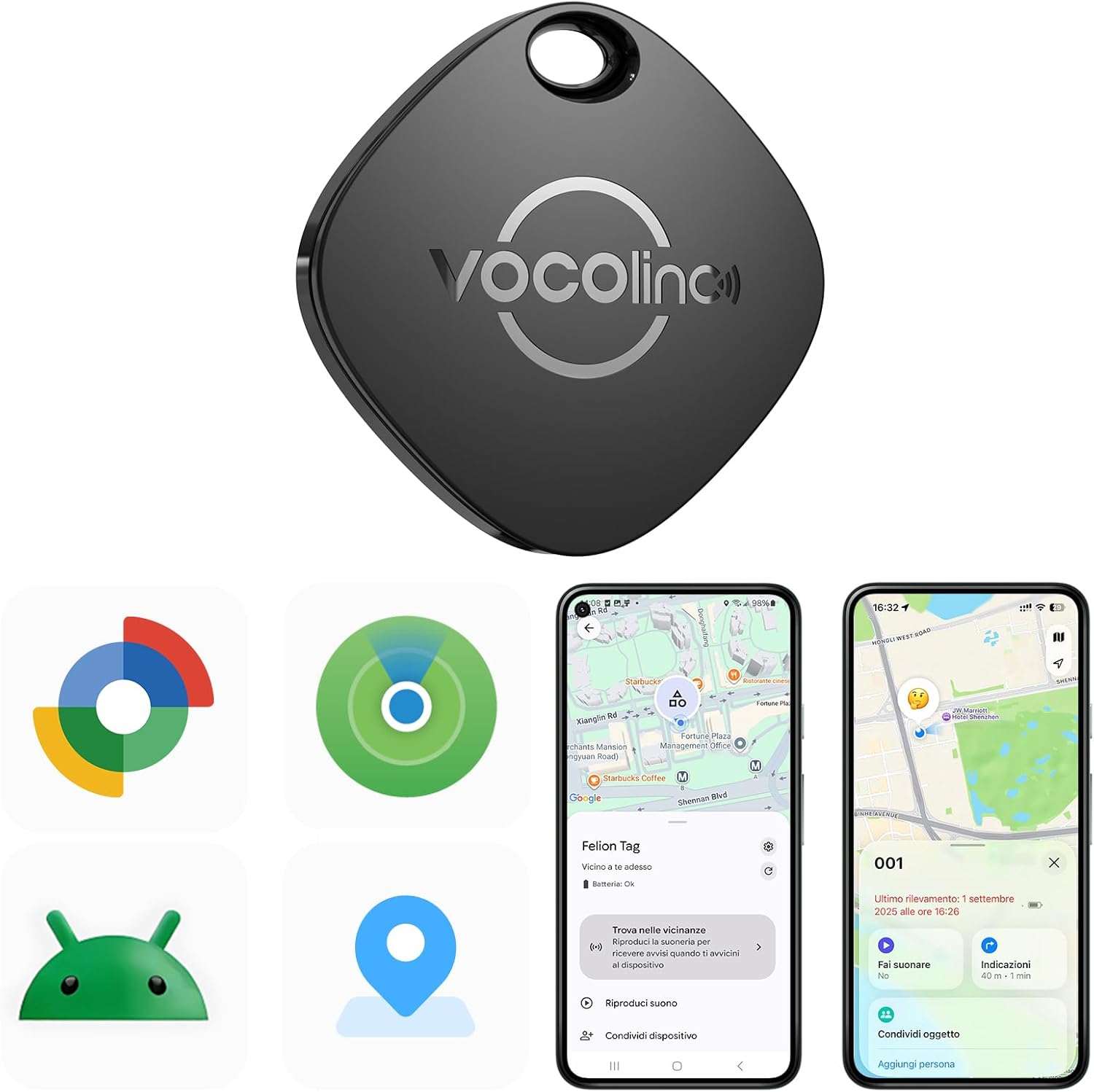 VOCOlinc Smart Tag Compatible with Android Google Functions Find or iOS Apple Where is App, Bluetooth Object Locator for Keys/Wallet/Luggage/Backpack Bag, 1 Piece, Black