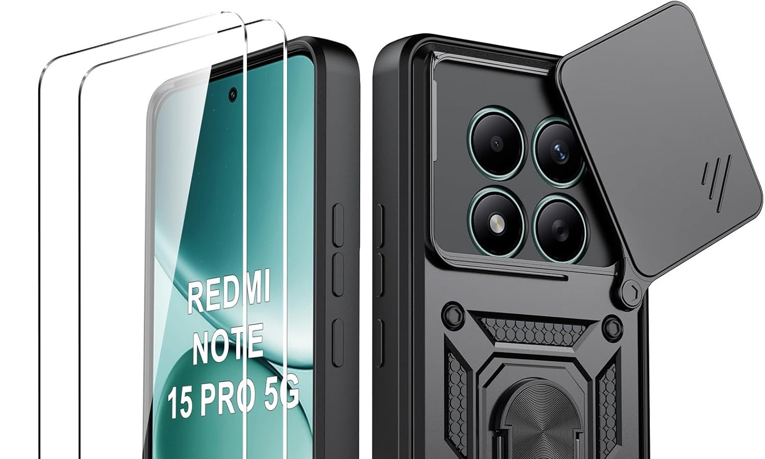Oududianzi – Cover for Xiaomi Redmi Note 15 Pro 5G, [2 Tempered Glass Film] with Sliding Camera Cover, 360° Swivel Bracket and Protective TPU Silicone Sleeve – Black