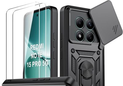 Oududianzi – Cover for Xiaomi Redmi Note 15 Pro 5G, [2 Tempered Glass Film] with Sliding Camera Cover, 360° Swivel Bracket and Protective TPU Silicone Sleeve – Black