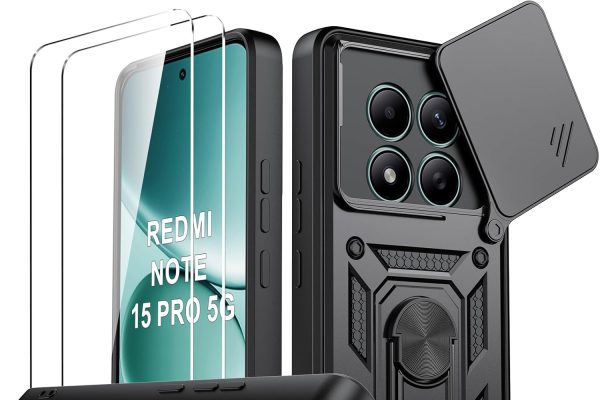 Oududianzi – Cover for Xiaomi Redmi Note 15 Pro 5G, [2 Tempered Glass Film] with Sliding Camera Cover, 360° Swivel Bracket and Protective TPU Silicone Sleeve – Black