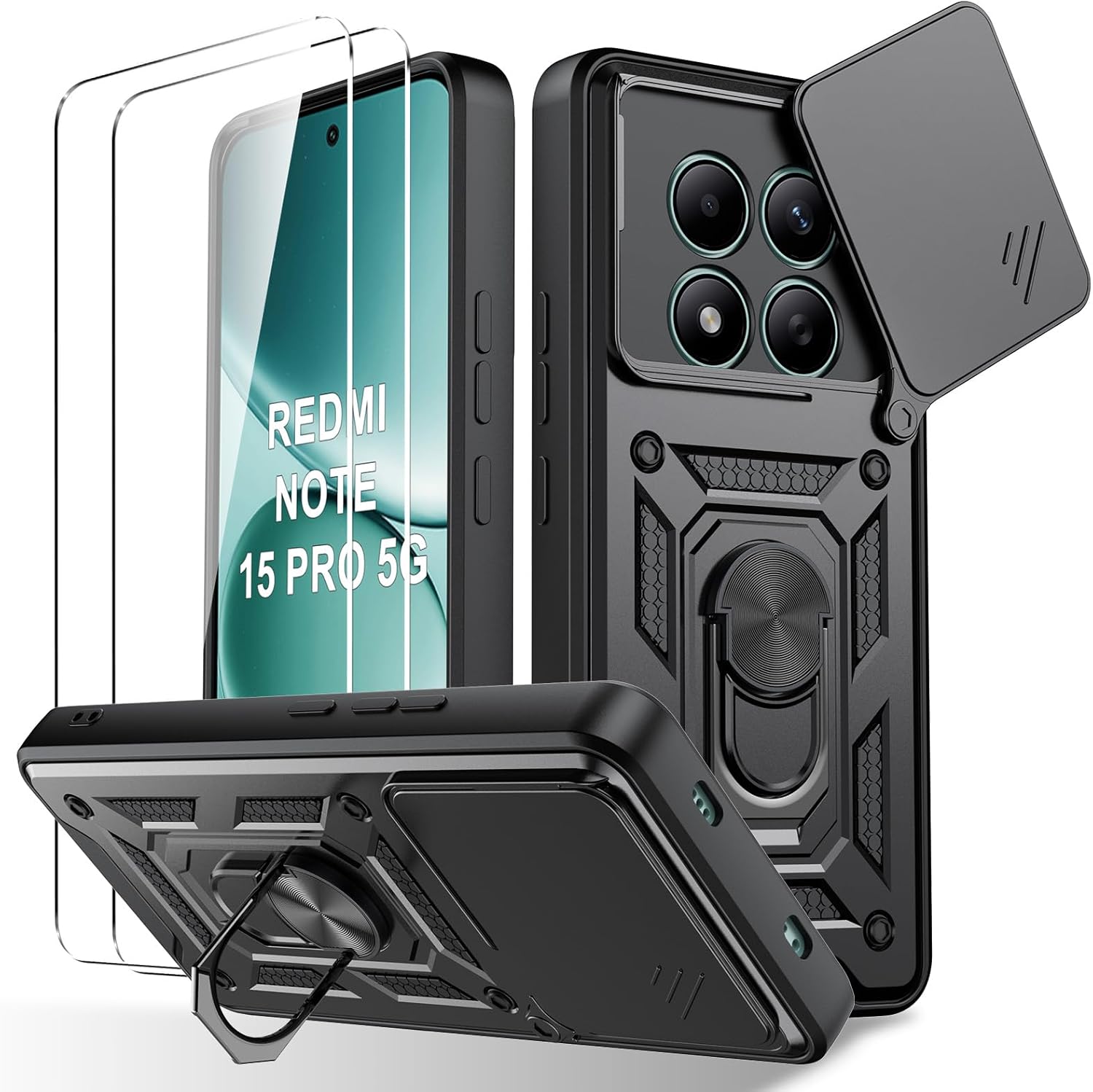 Oududianzi – Cover for Xiaomi Redmi Note 15 Pro 5G, [2 Tempered Glass Film] with Sliding Camera Cover, 360° Swivel Bracket and Protective TPU Silicone Sleeve – Black