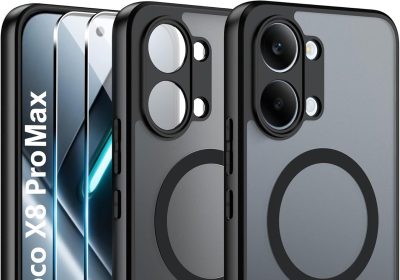 Effcotuo Magnetic Cover for POCO X8 Pro Max 5G Case with MagSafe with Tempered Glass Protective Film, Soft Silicone + Acrylic Frosted Translucent Back Case – Black