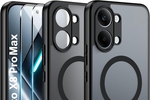 Effcotuo Magnetic Cover for POCO X8 Pro Max 5G Case with MagSafe with Tempered Glass Protective Film, Soft Silicone + Acrylic Frosted Translucent Back Case – Black