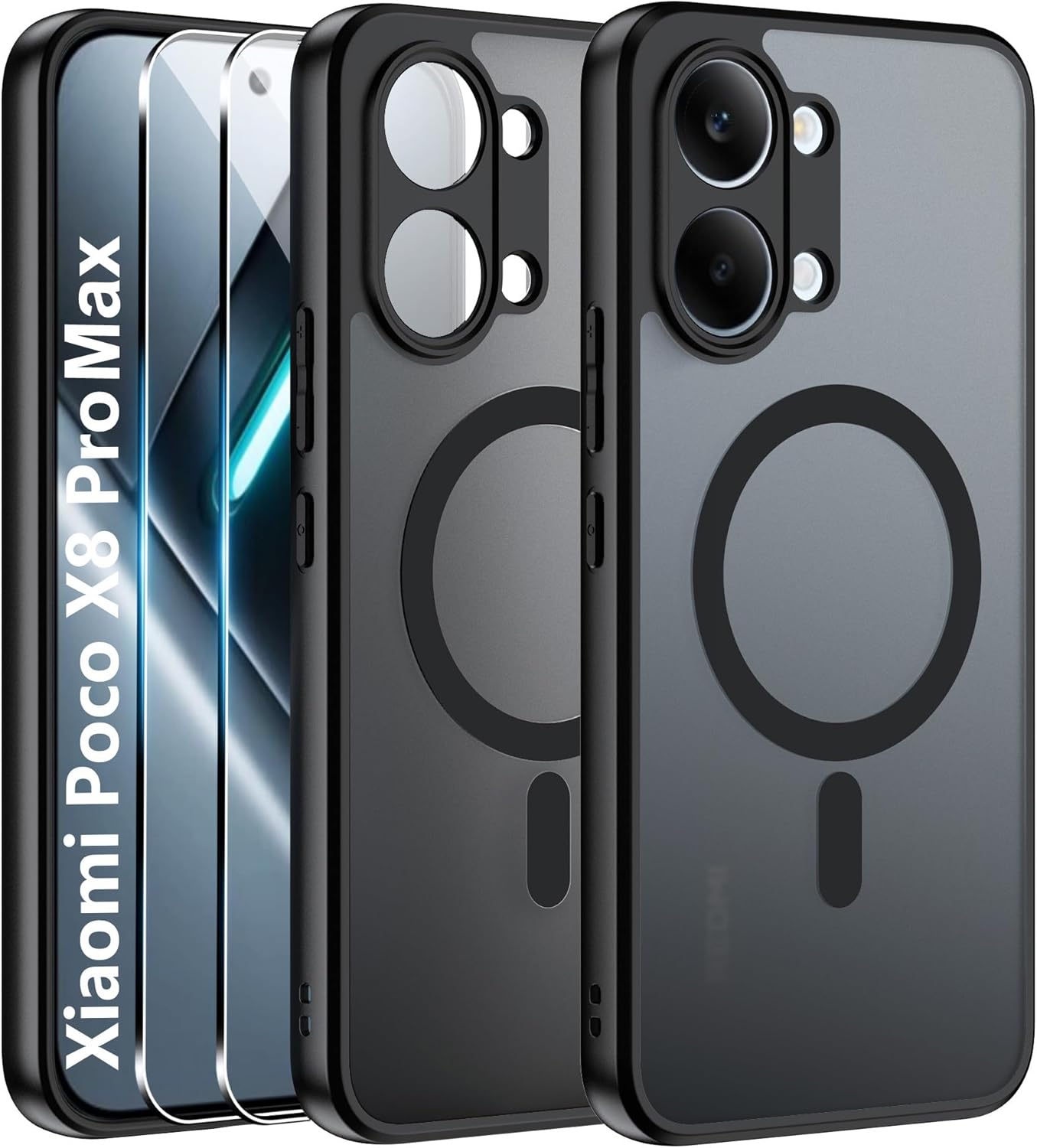 Effcotuo Magnetic Cover for POCO X8 Pro Max 5G Case with MagSafe with Tempered Glass Protective Film, Soft Silicone + Acrylic Frosted Translucent Back Case – Black