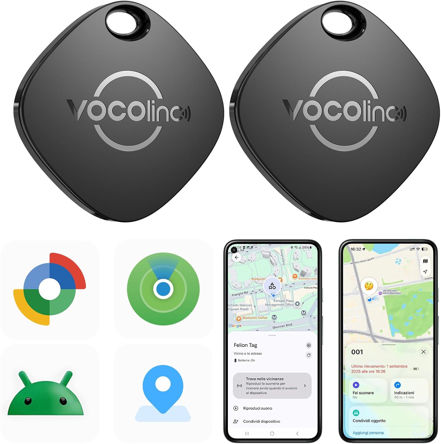 VOCOlinc Smart Tag Tracker Compatible with Android Google Functions Find or iOS Apple Where’s App, Bluetooth Locator for Keys/Wallet/Luggage/Backpack Bag, 2 Pieces Black