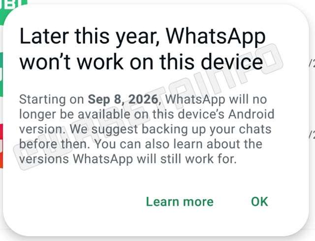 Avviso di WhatsApp sullo stop al supporto per le versioni di Android precedenti alla 6