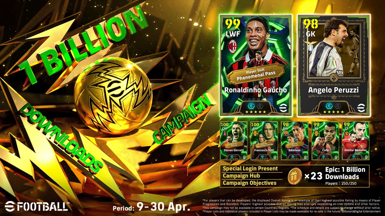 eFootball raggiunge il miliardo di download: Konami festeggia con Ronaldinho e il ritorno della Master League