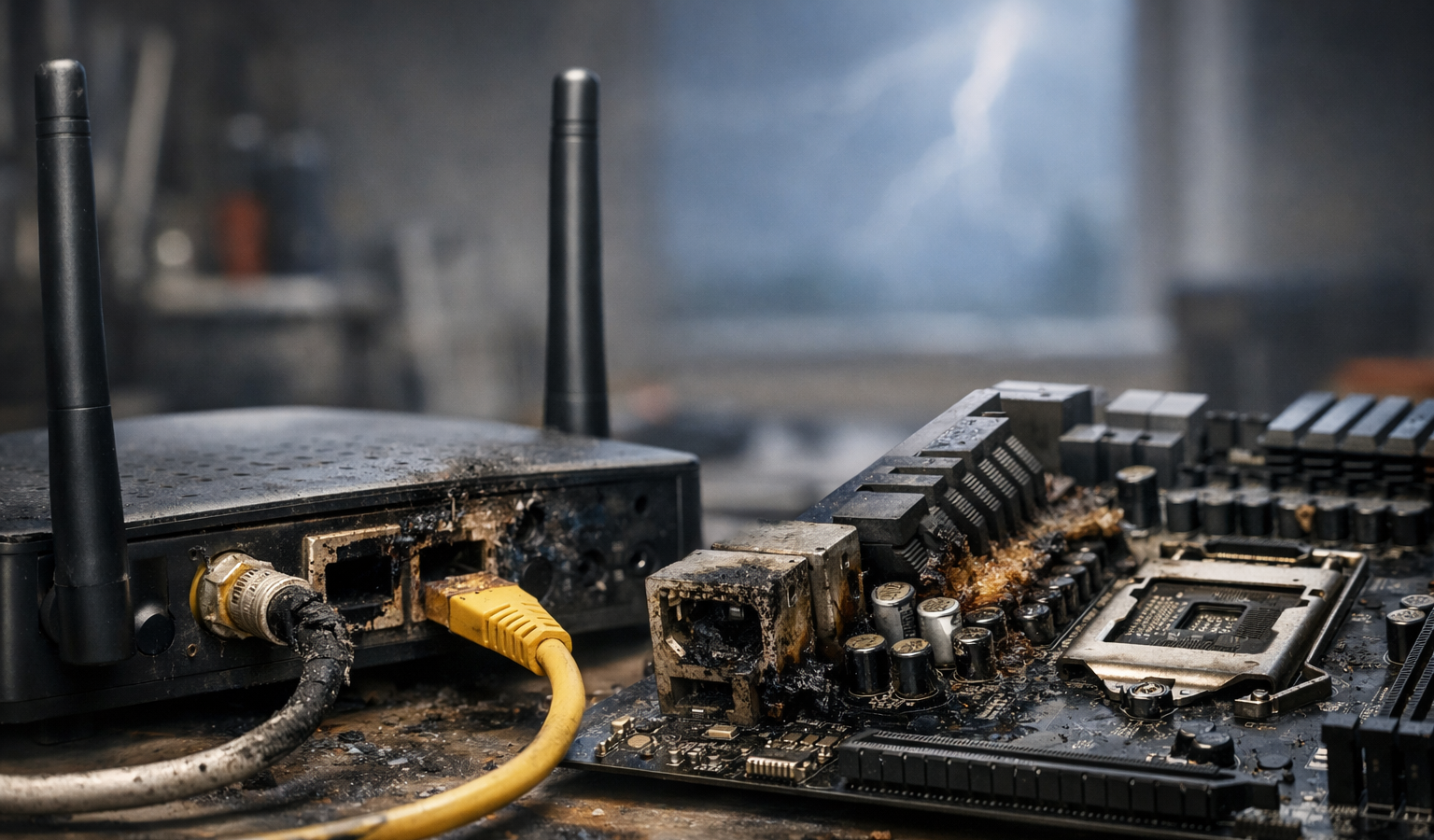 Un fulmine colpisce attraverso il cavo Ethernet e distrugge un computer