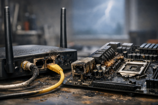Un fulmine colpisce attraverso il cavo Ethernet e distrugge un computer